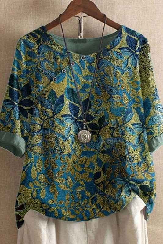 Ynna - Bluse mit Rundhalsausschnitt und Blattdruck