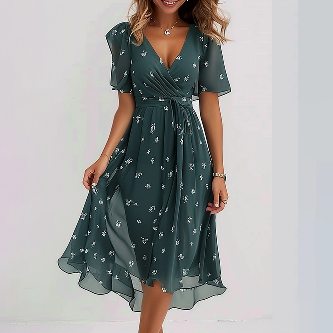 Emelia - Midi-Kleid Grün Groovy mit kurzen Ärmeln