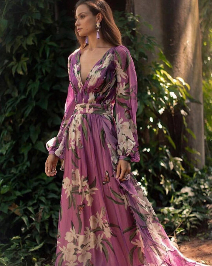 Lindsay – Elegantes Chiffon-Blumenkleid mit V-Ausschnitt