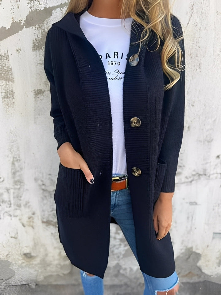 Suzanna - Langer, lockerer Damen-Cardigan mit Kapuze