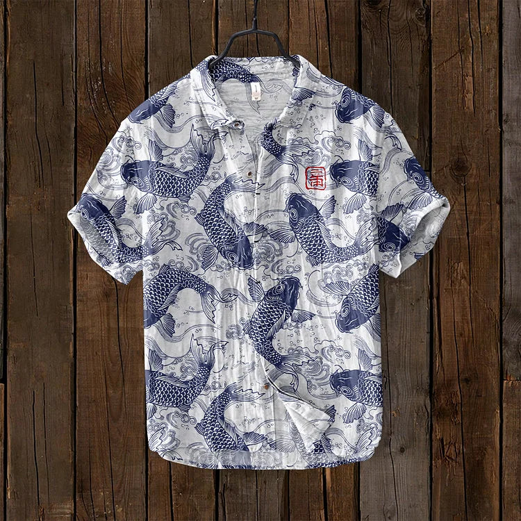 Ogie – Leinenhemd mit Künstlerischem Vintage-Fischdesign