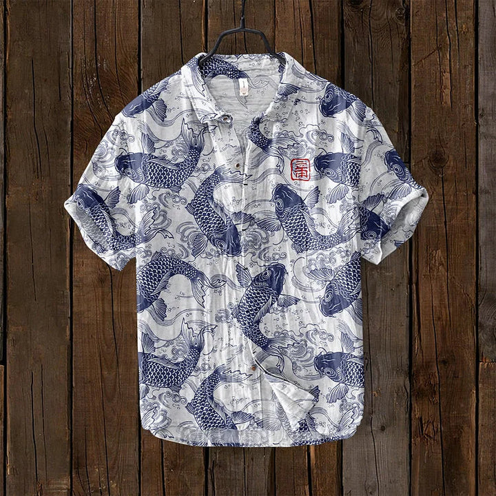 Ogie – Leinenhemd mit Künstlerischem Vintage-Fischdesign