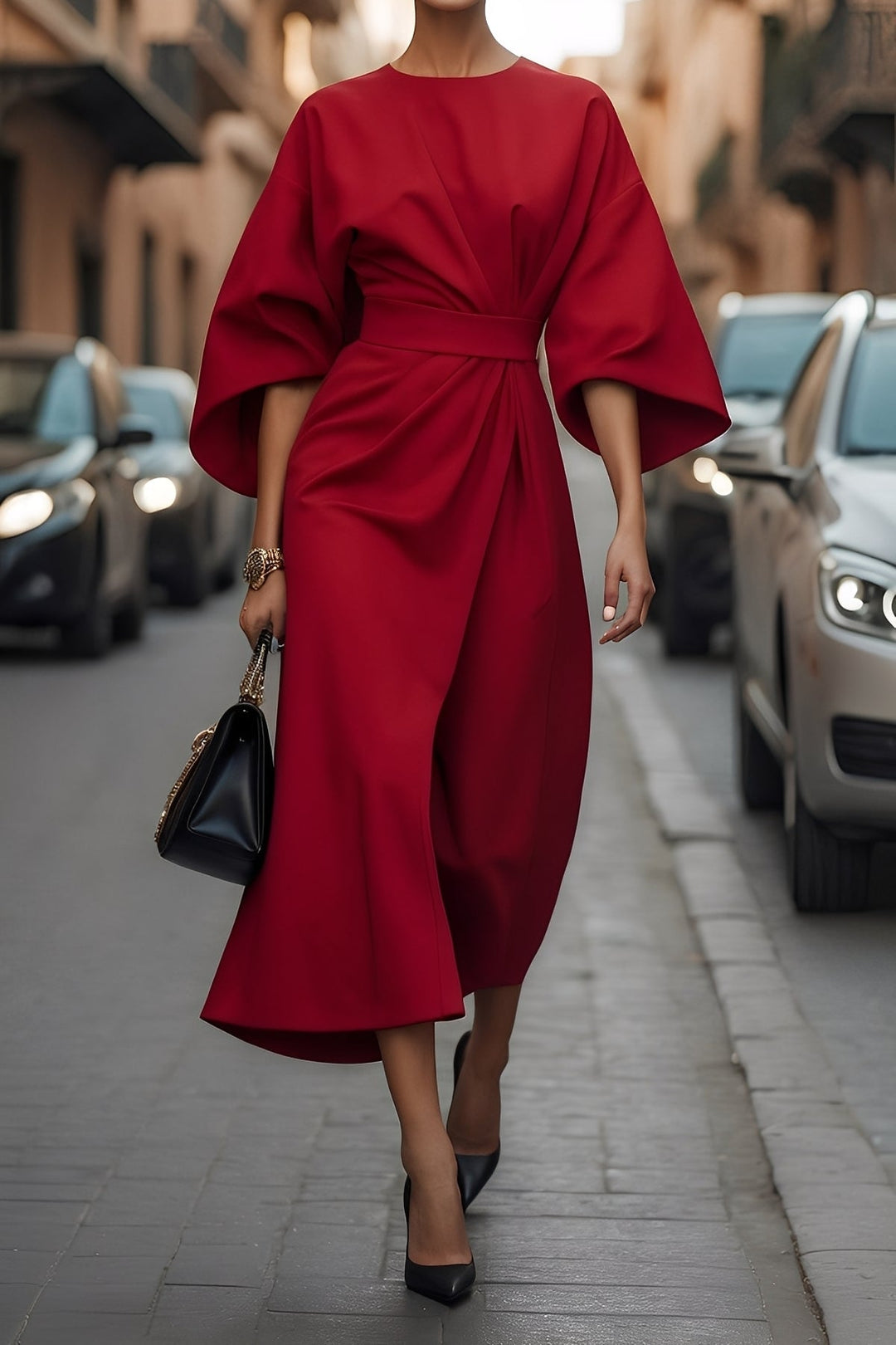 Nicole - Elegantes Damen-Midikleid mit Puffärmeln
