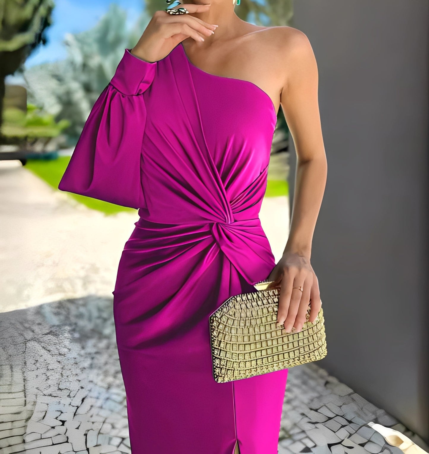 Erica - Damen-Langkleid mit asymmetrischem Schulterausschnitt und Schlitz