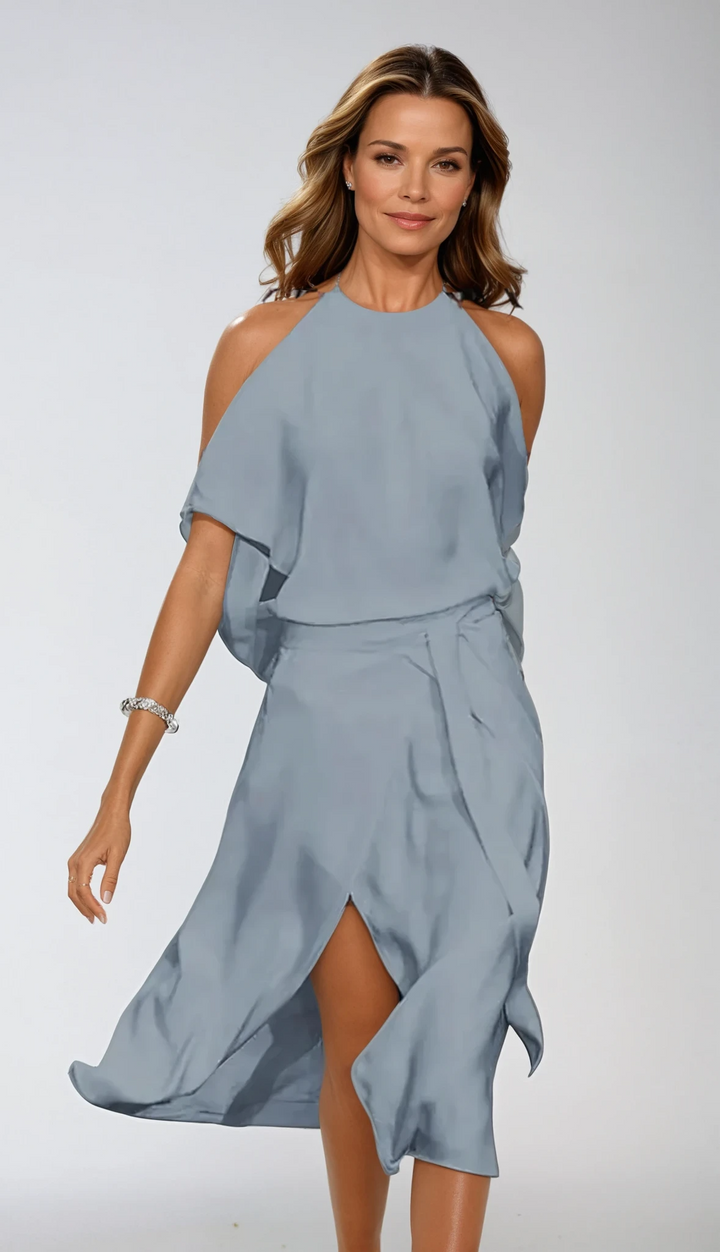 Celestine – Midi-Kleid mit schulterfreiem Design und asymmetrischem Saum