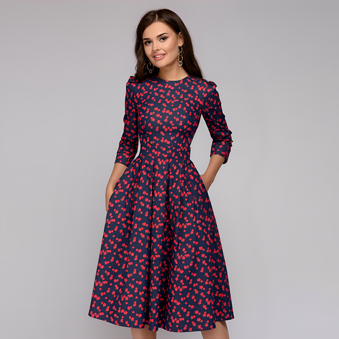 Elisabeth - Elegantes Damenkleid mit langen Ärmeln und Blumendesign