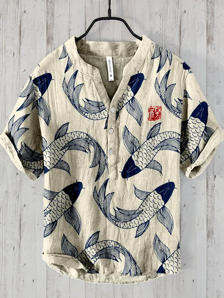 Ogie – Leinenhemd mit Künstlerischem Vintage-Fischdesign