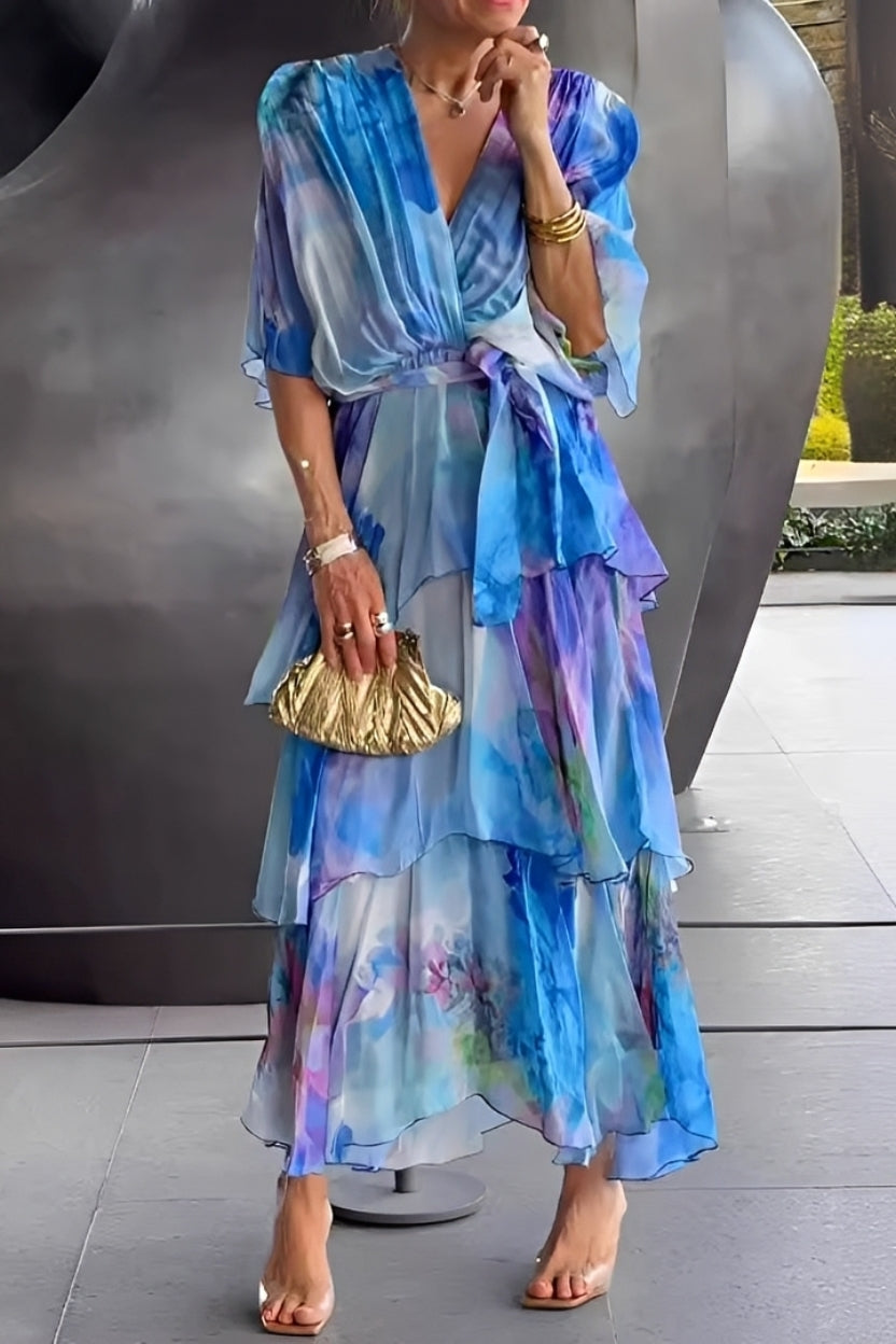 Jane - Damenkleid mit Blumenmuster und V-Ausschnitt, mehrlagig gestaltet