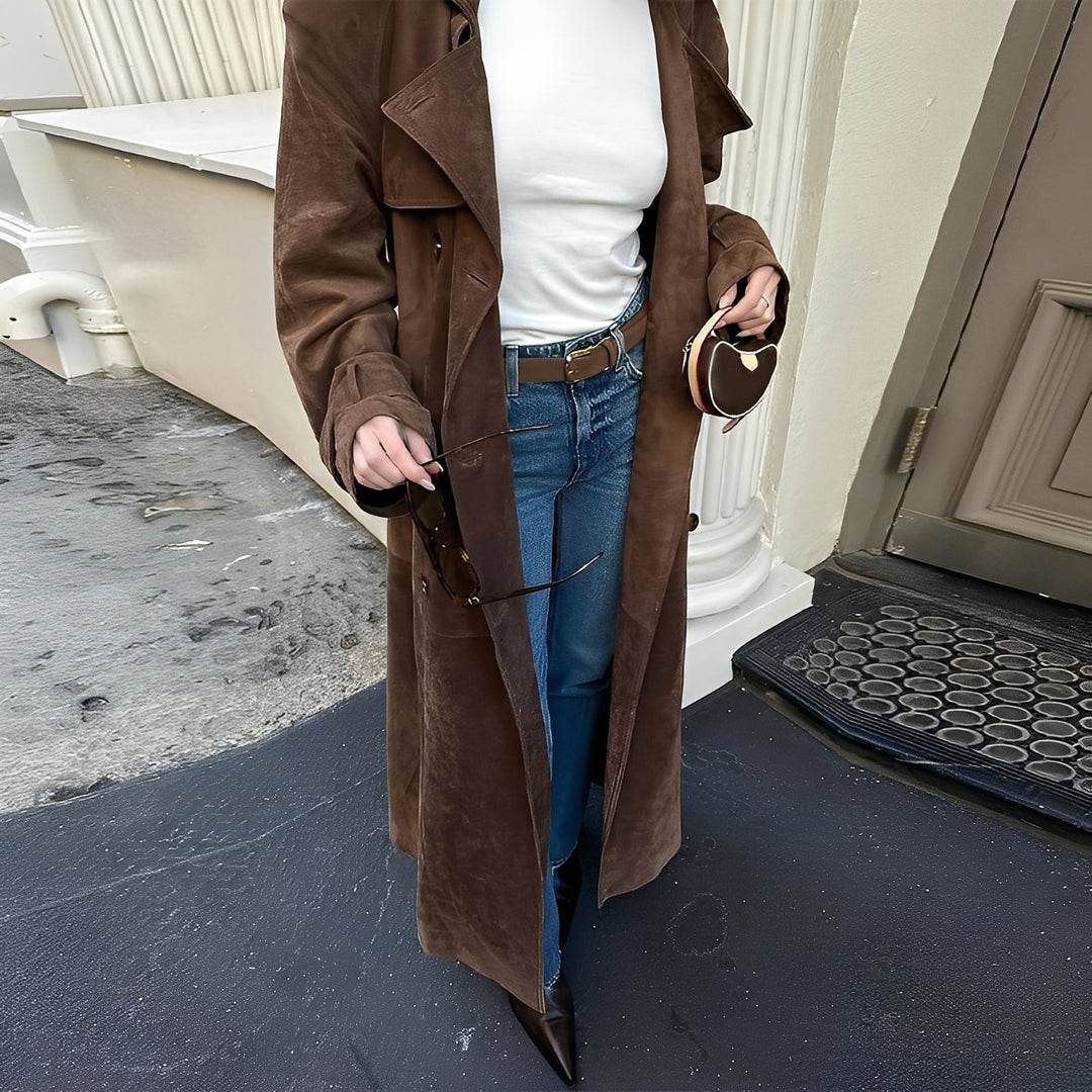 Katrina - Eleganter langer Damenmantel mit Doppelknopfreihe