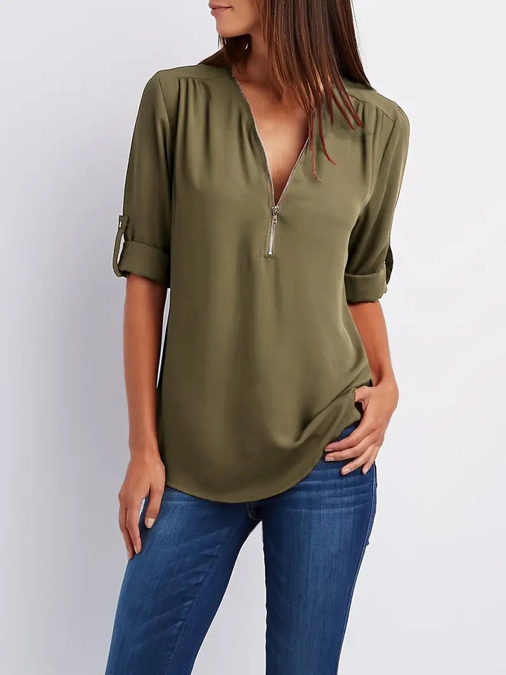 Olive - Relaxed Fit Bluse mit V-Ausschnitt
