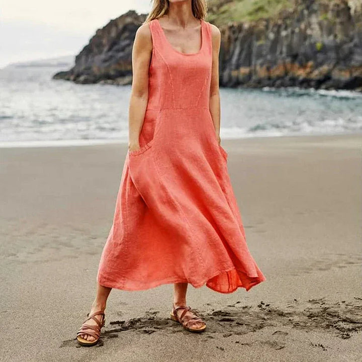 Gillian – Klassisches Ärmelloses Kleid aus Leinen und Baumwolle