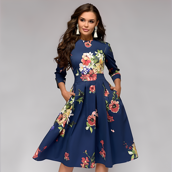 Elisabeth - Elegantes Damenkleid mit langen Ärmeln und Blumendesign