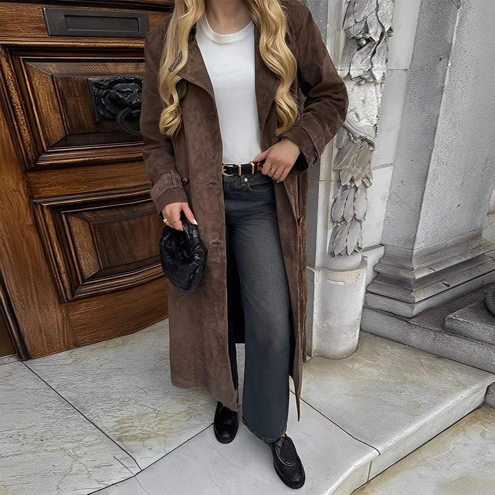 Katrina - Eleganter langer Damenmantel mit Doppelknopfreihe