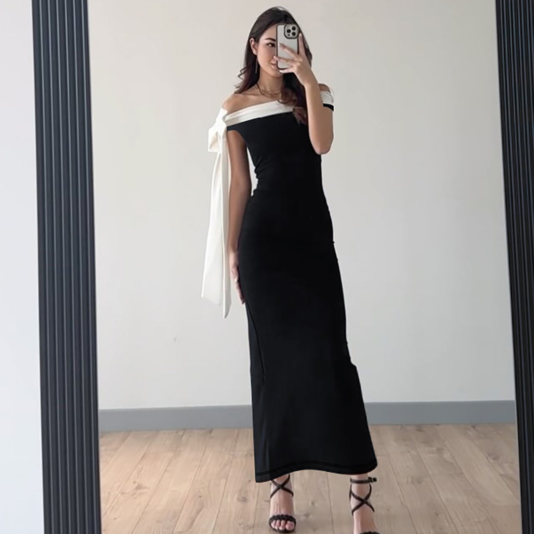 Atasha - Schmal geschnittenes Kleid mit offenen Schultern und Schleife