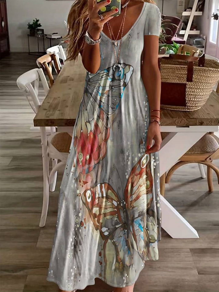 Sara – Kleid mit V-Ausschnitt und Schmetterlingen für Frühling und Sommer