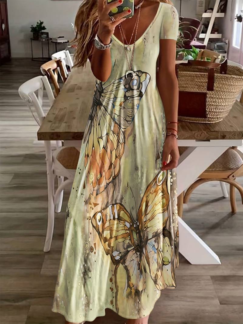 Sara – Kleid mit V-Ausschnitt und Schmetterlingen für Frühling und Sommer