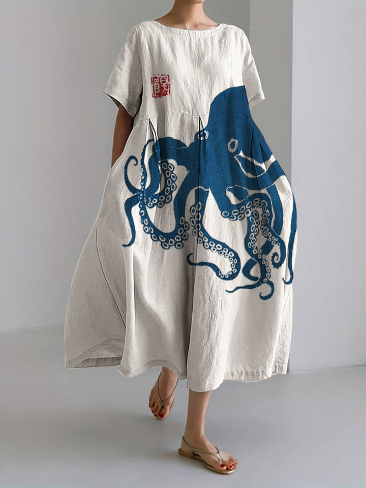 Gabbi – Elegantes Leinenkleid mit Künstlerischem Japanischem Oktopus-Motiv