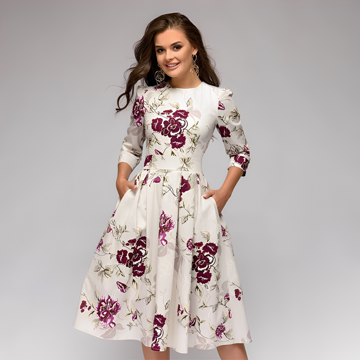 Elisabeth - Elegantes Damenkleid mit langen Ärmeln und Blumendesign