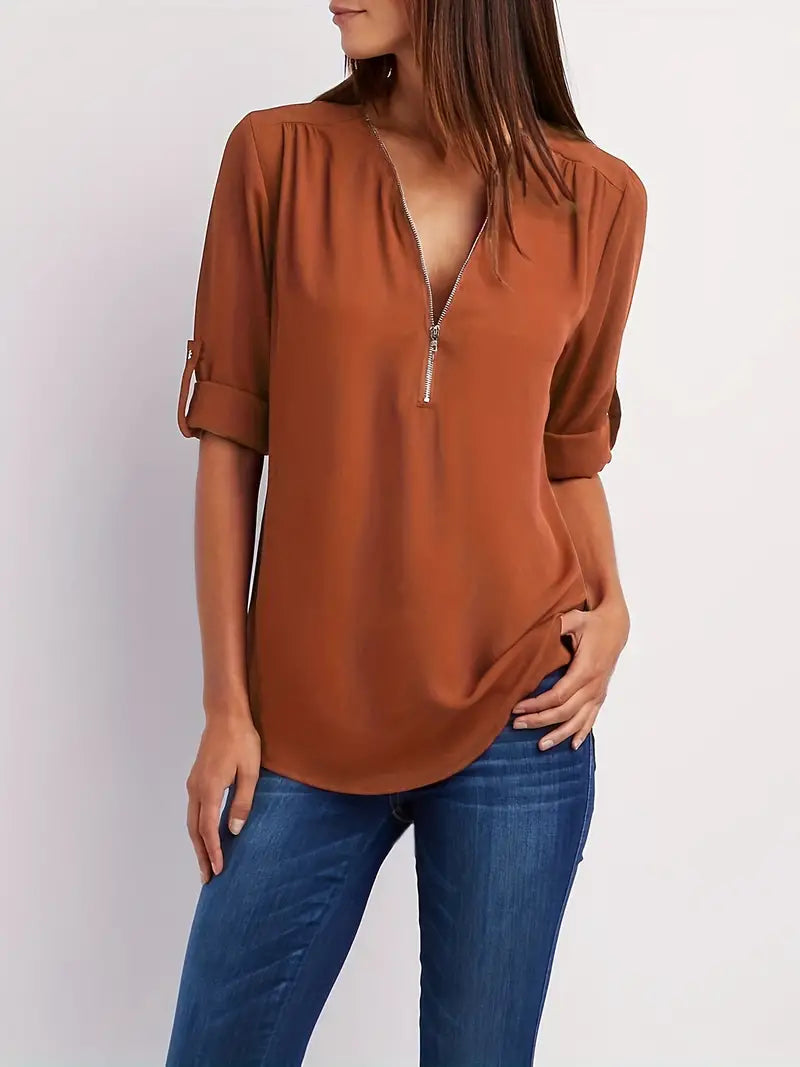 Olive - Relaxed Fit Bluse mit V-Ausschnitt