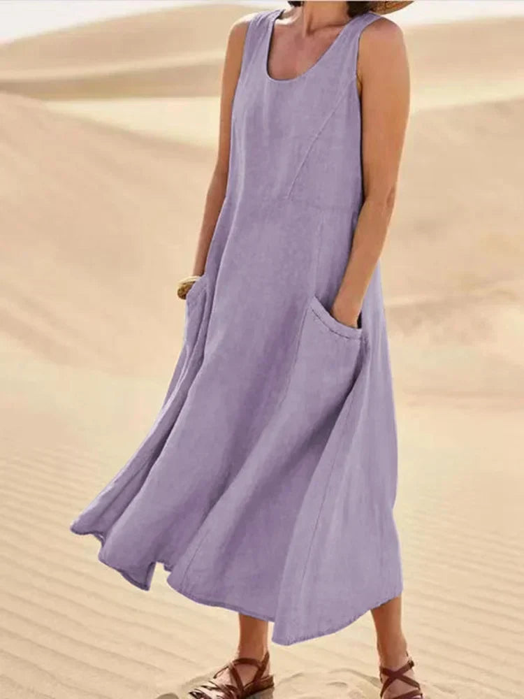 Gillian – Klassisches Ärmelloses Kleid aus Leinen und Baumwolle