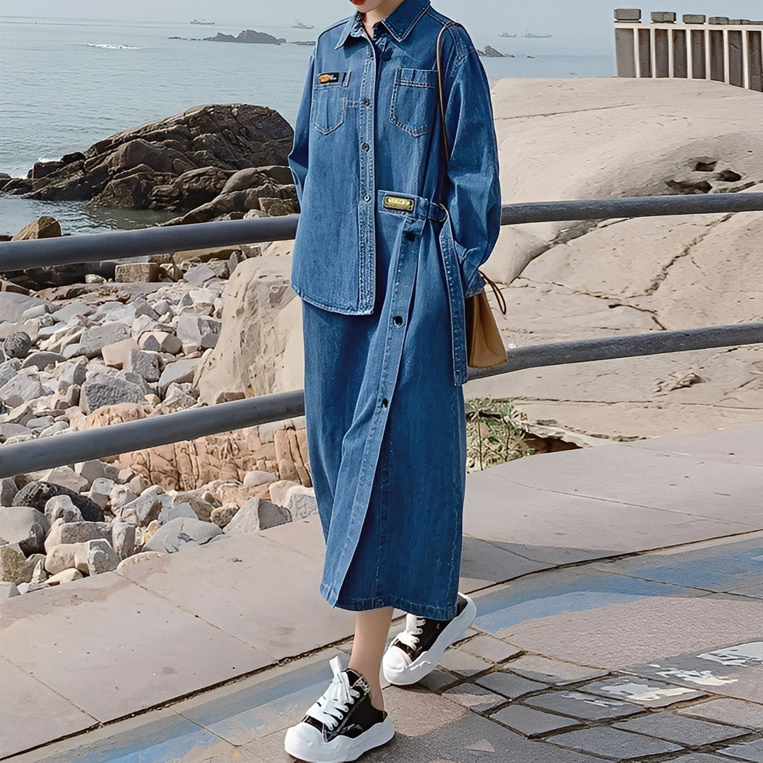 Christabel - Langes Retro-Jeanskleid mit Taschen für Damen