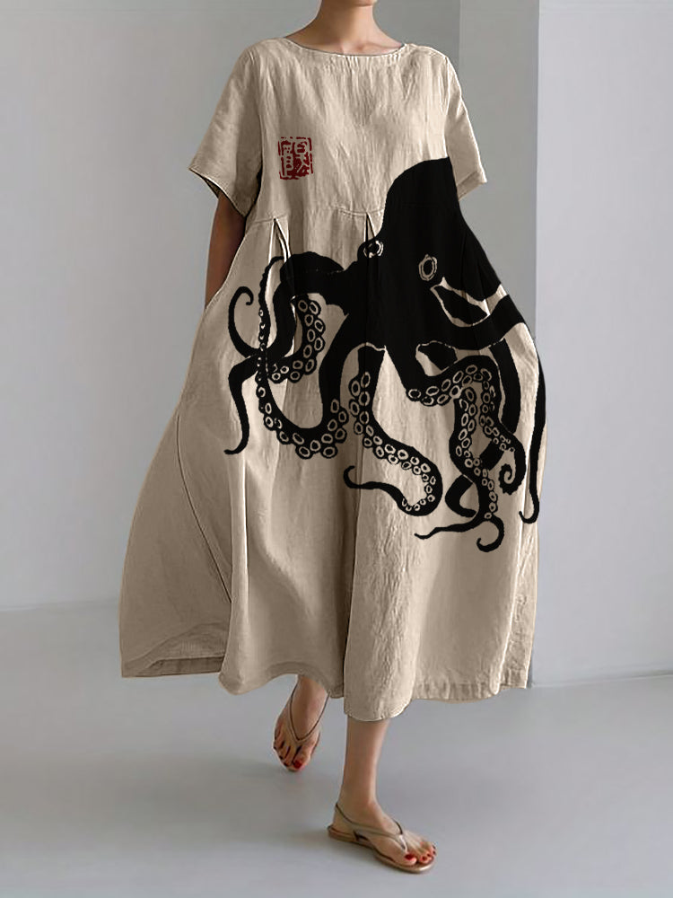 Gabbi – Elegantes Leinenkleid mit Künstlerischem Japanischem Oktopus-Motiv