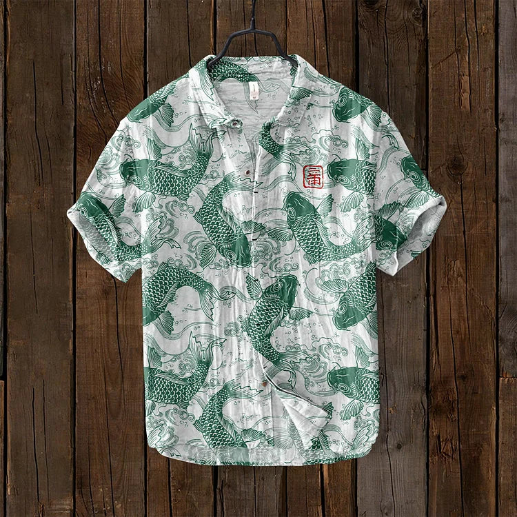 Ogie – Leinenhemd mit Künstlerischem Vintage-Fischdesign