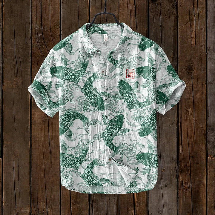 Ogie – Leinenhemd mit Künstlerischem Vintage-Fischdesign