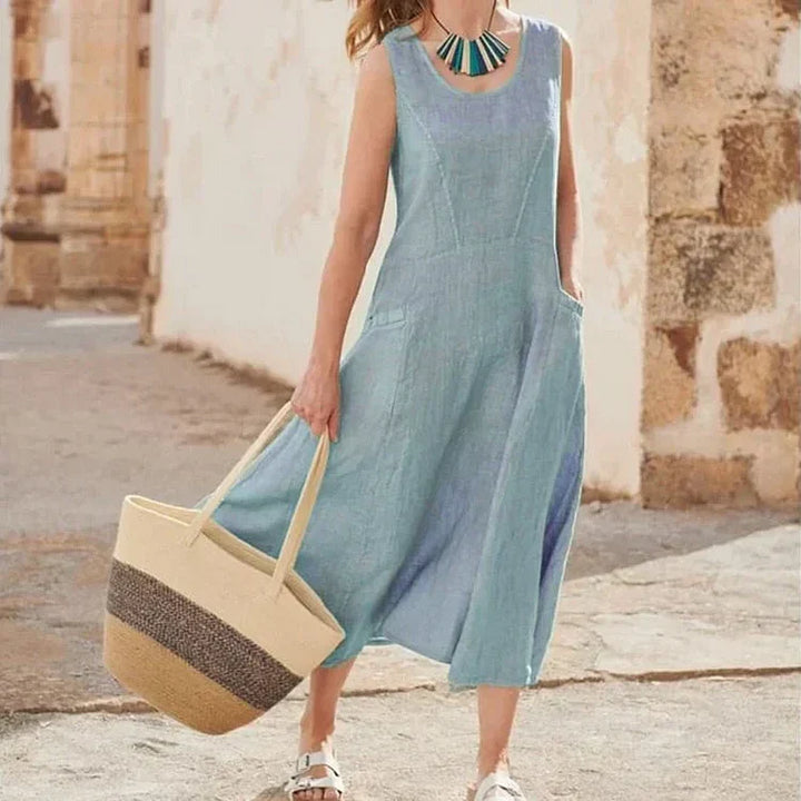 Gillian – Klassisches Ärmelloses Kleid aus Leinen und Baumwolle