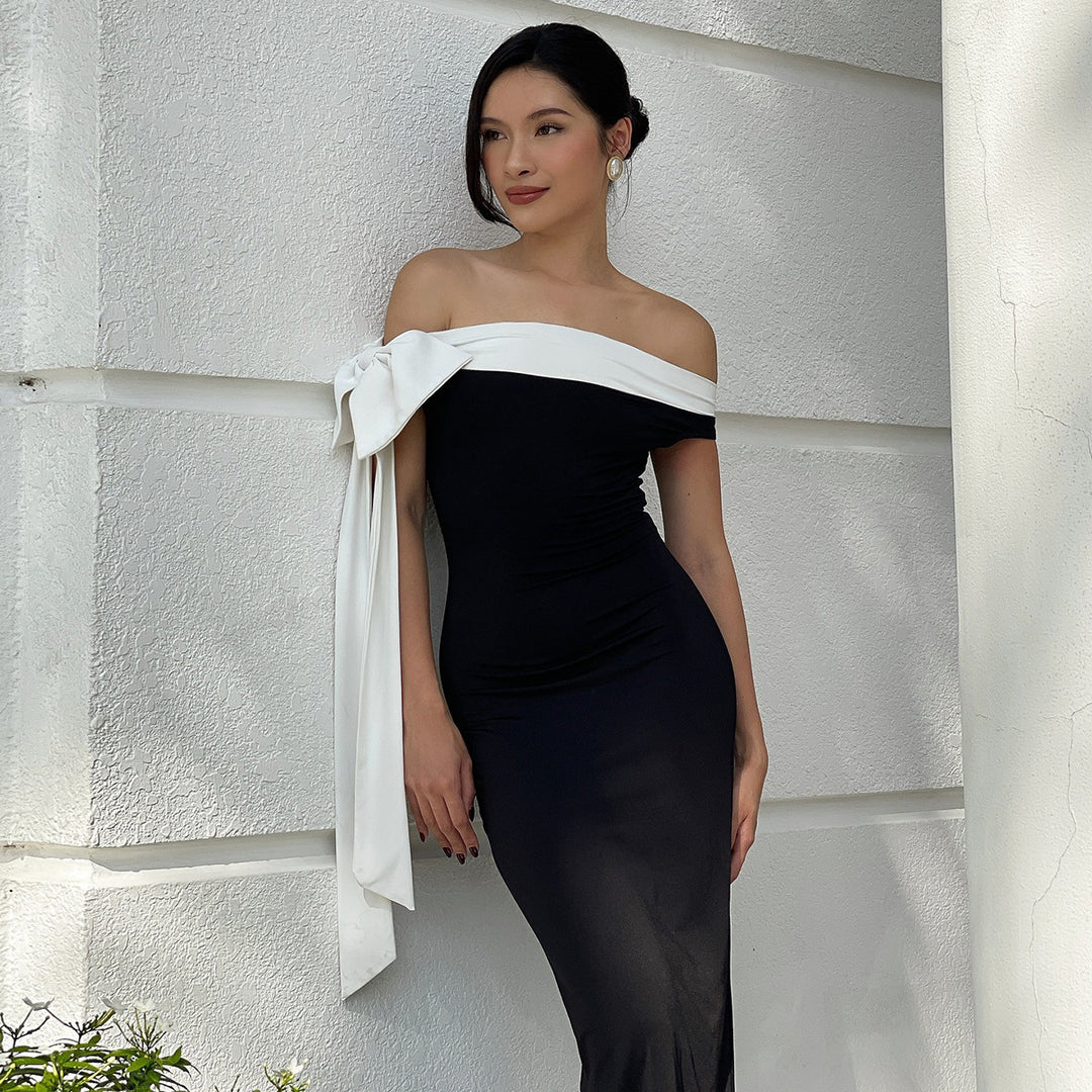 Atasha - Schmal geschnittenes Kleid mit offenen Schultern und Schleife