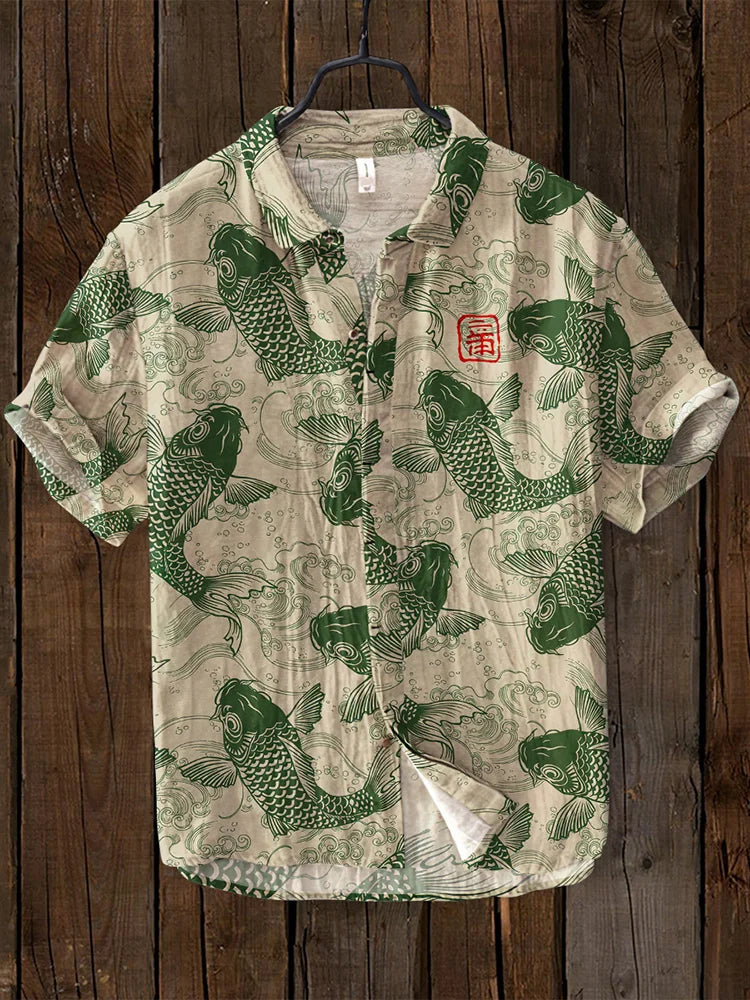 Ogie – Leinenhemd mit Künstlerischem Vintage-Fischdesign