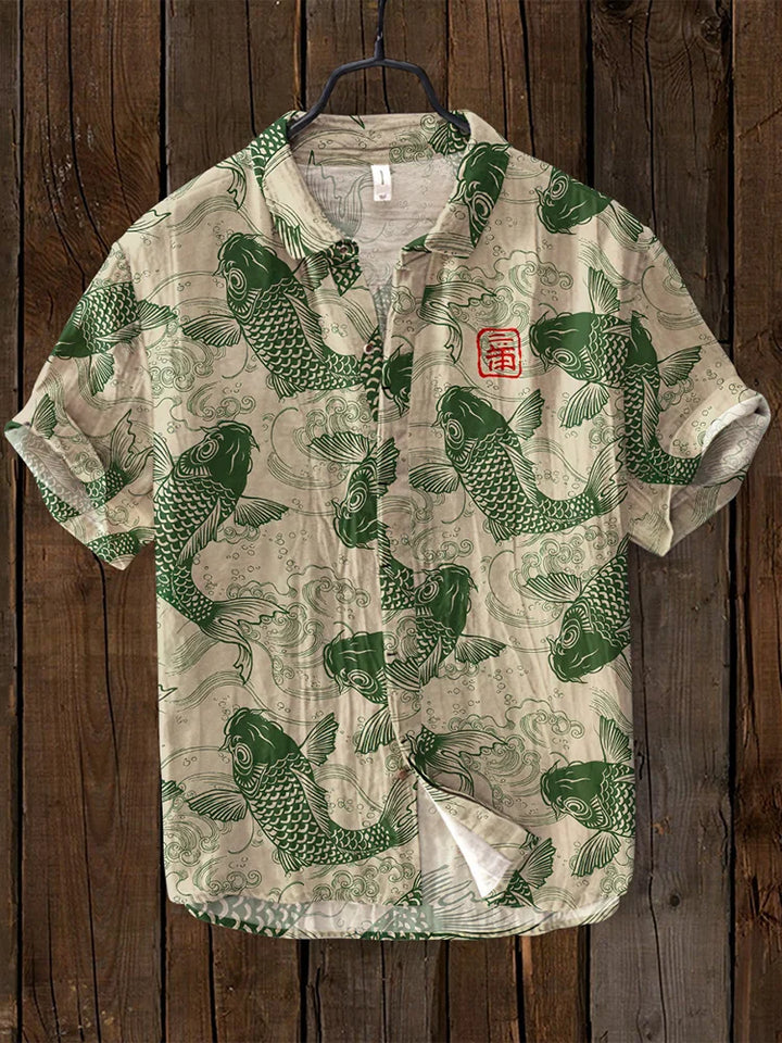 Ogie – Leinenhemd mit Künstlerischem Vintage-Fischdesign