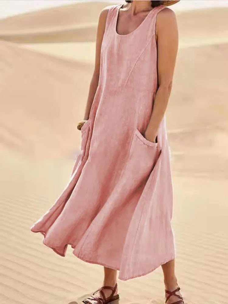 Gillian – Klassisches Ärmelloses Kleid aus Leinen und Baumwolle