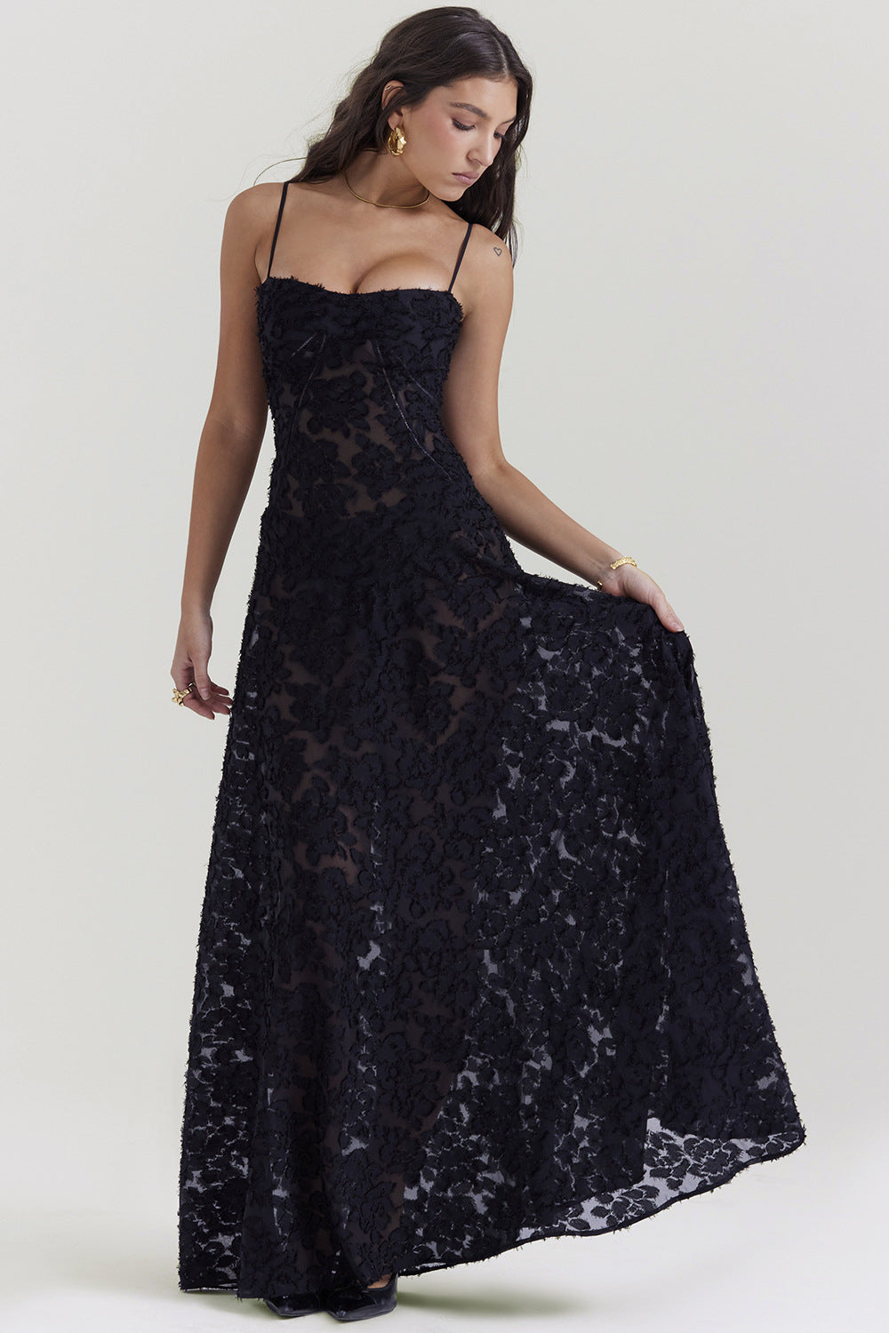 Cecily - Glattes Spaghettiträger Maxikleid