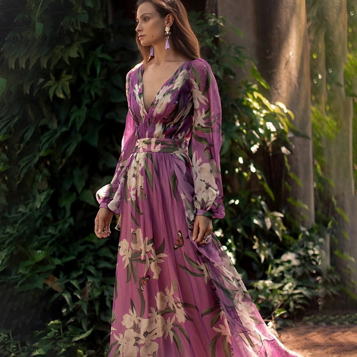 Theia - Blumiges Chiffon-Kleid Leicht Fließend