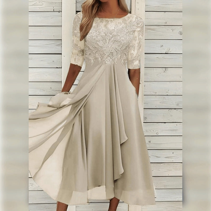 Yara - Schickes Spitzen-Chiffon-Kleid in Midi-Länge