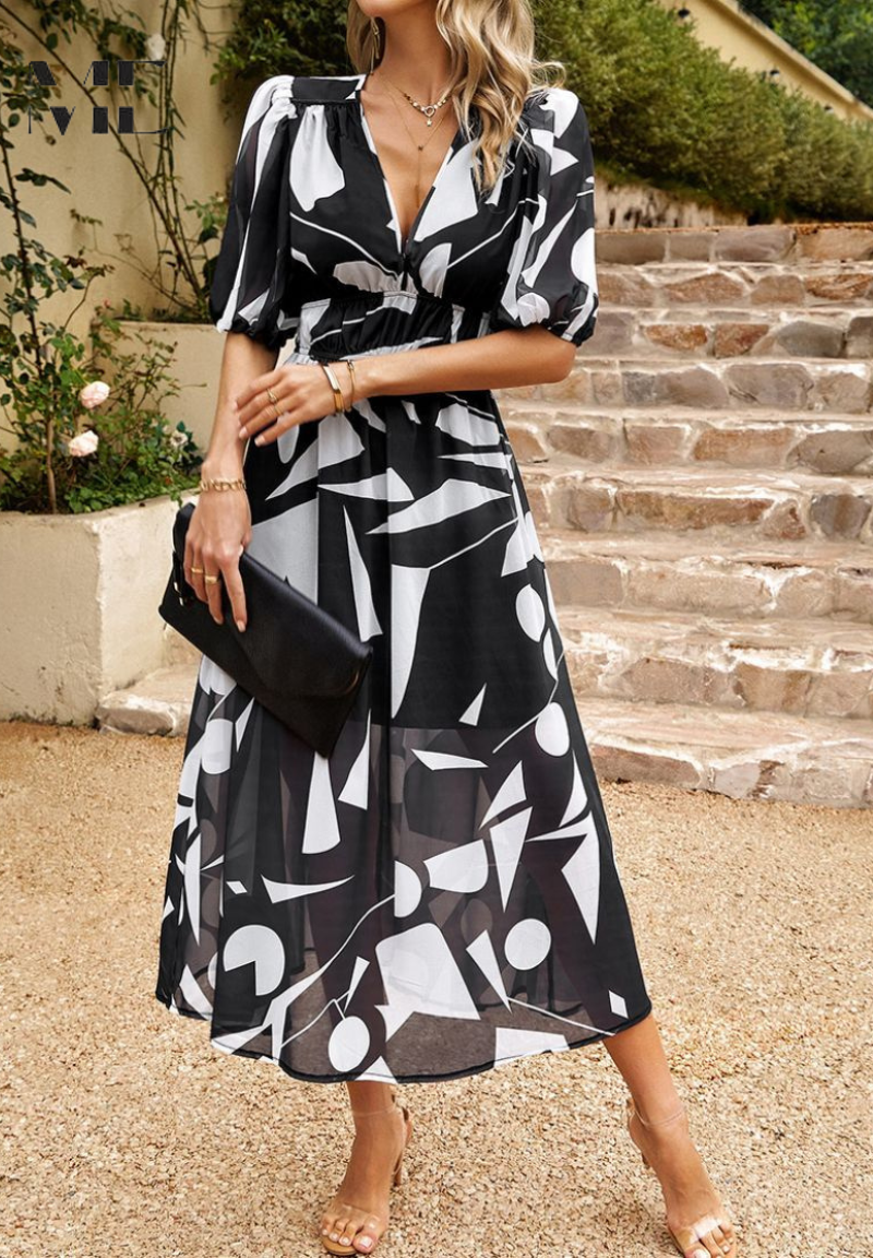 Precilla - Midi-Kleid mit schickem Puffärmel-Blumenmuster