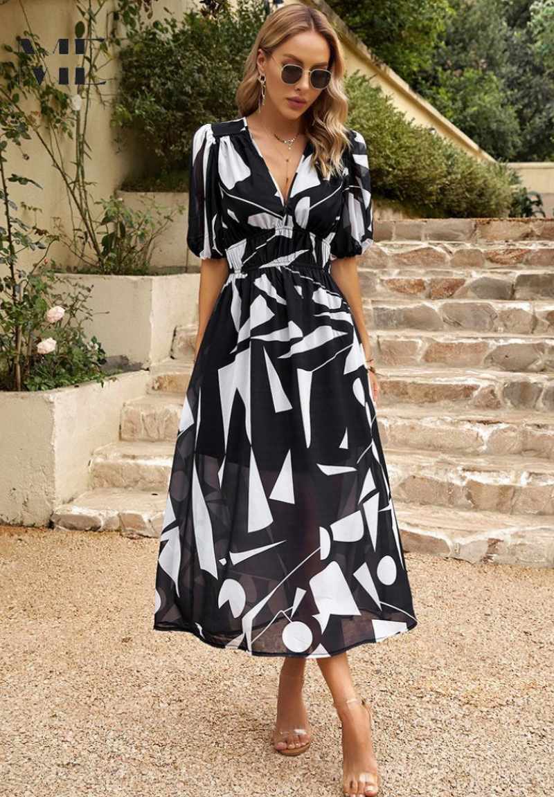 Precilla - Midi-Kleid mit schickem Puffärmel-Blumenmuster
