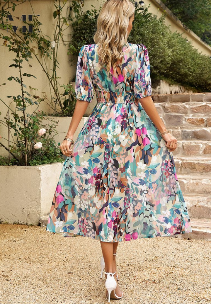 Precilla - Midi-Kleid mit schickem Puffärmel-Blumenmuster