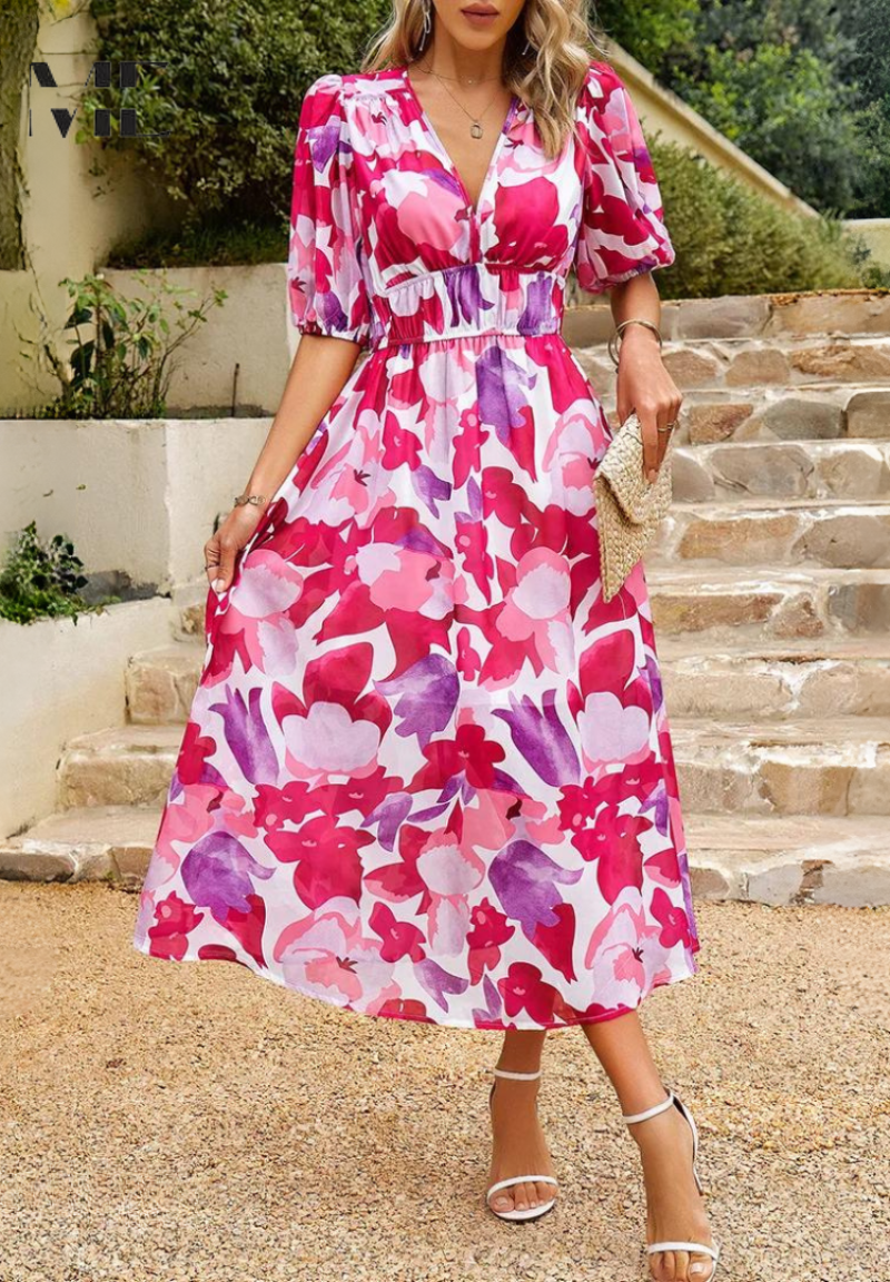 Precilla - Midi-Kleid mit schickem Puffärmel-Blumenmuster
