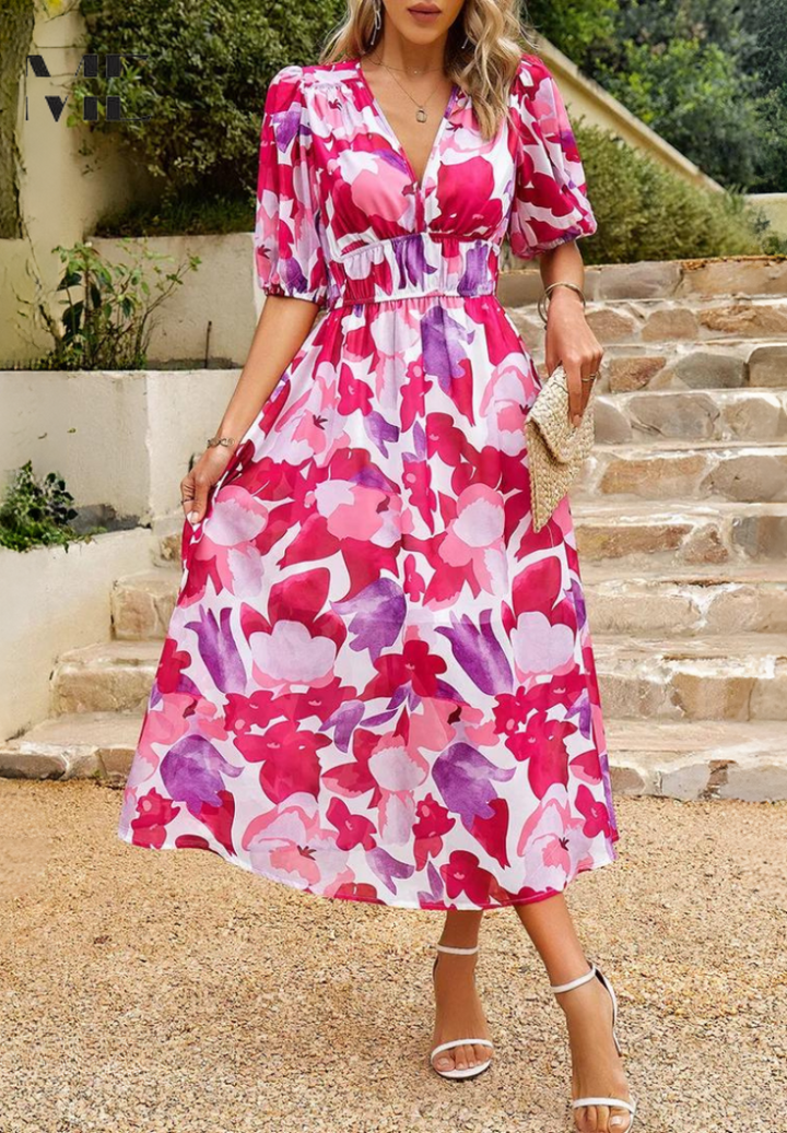 Precilla - Midi-Kleid mit schickem Puffärmel-Blumenmuster