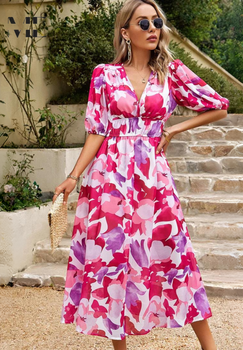 Precilla - Midi-Kleid mit schickem Puffärmel-Blumenmuster