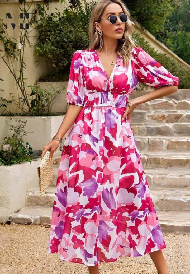Precilla - Midi-Kleid mit schickem Puffärmel-Blumenmuster