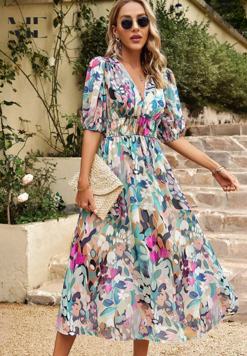 Precilla - Midi-Kleid mit schickem Puffärmel-Blumenmuster