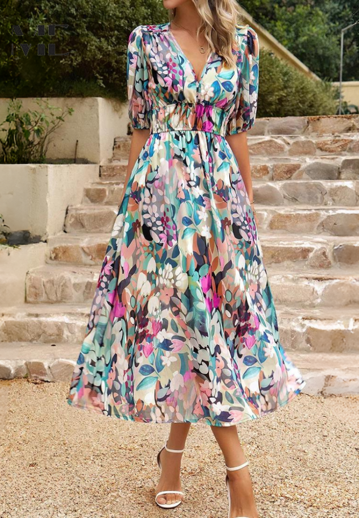 Precilla - Midi-Kleid mit schickem Puffärmel-Blumenmuster