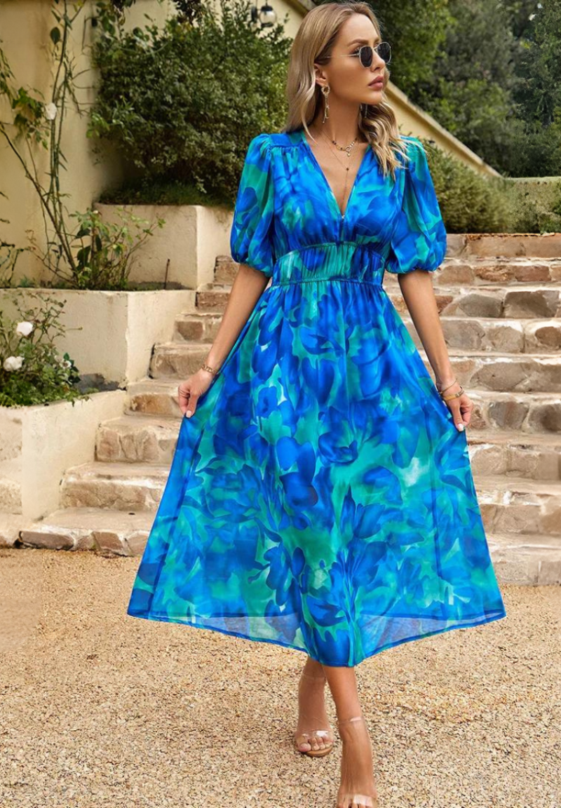 Precilla - Midi-Kleid mit schickem Puffärmel-Blumenmuster