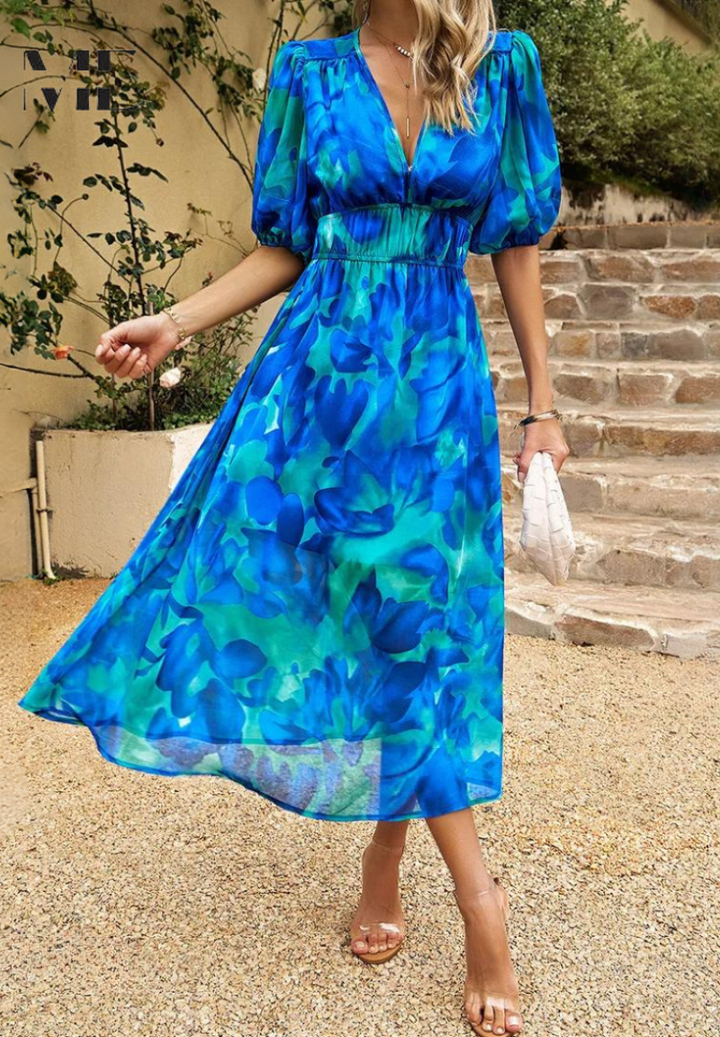 Precilla - Midi-Kleid mit schickem Puffärmel-Blumenmuster