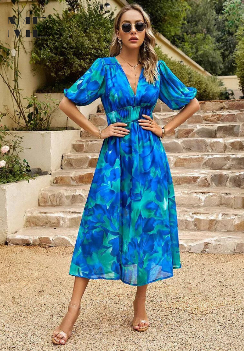 Precilla - Midi-Kleid mit schickem Puffärmel-Blumenmuster