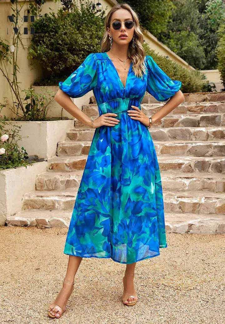 Precilla - Midi-Kleid mit schickem Puffärmel-Blumenmuster
