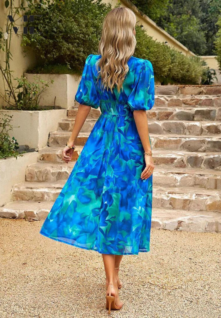Precilla - Midi-Kleid mit schickem Puffärmel-Blumenmuster